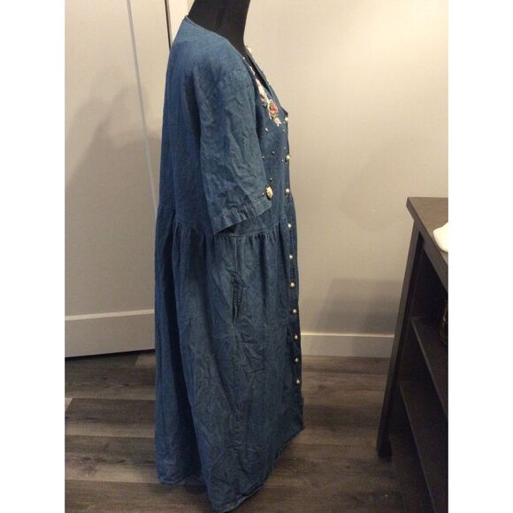Vintage Cottagecore 80s Soft Denim Dress Pearl Button Front Floral Lace L - Picture 5 of 6